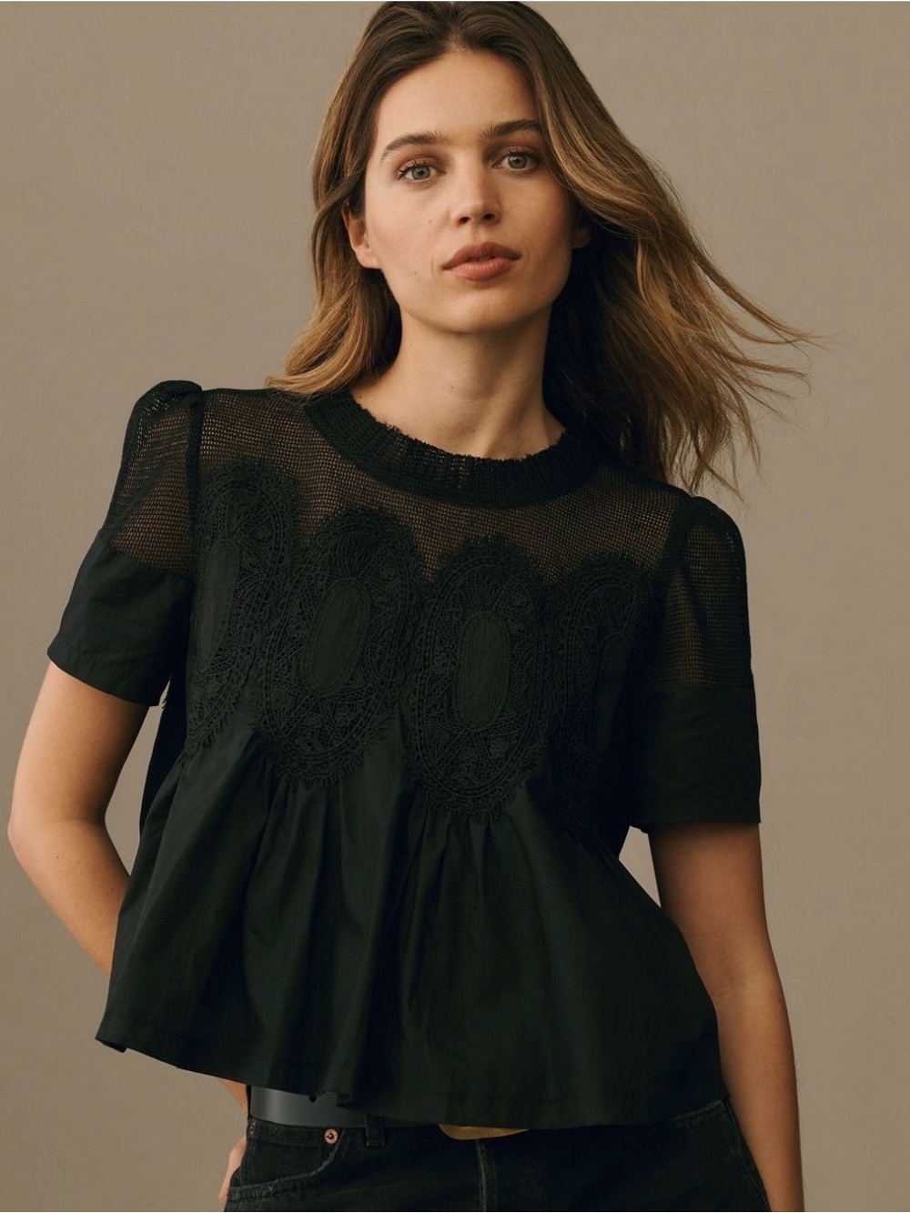 NWT Anthropologie En Elly The Iris Short-Sleeve Lace Poplin Blouse Black Medium
